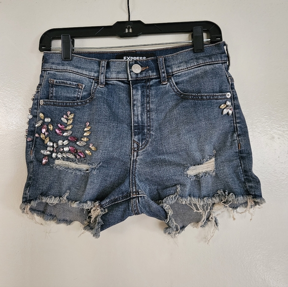 Express High Rise Distressed Rhinestone Embellished Shortie - Size 2 - Picture 7 of 8